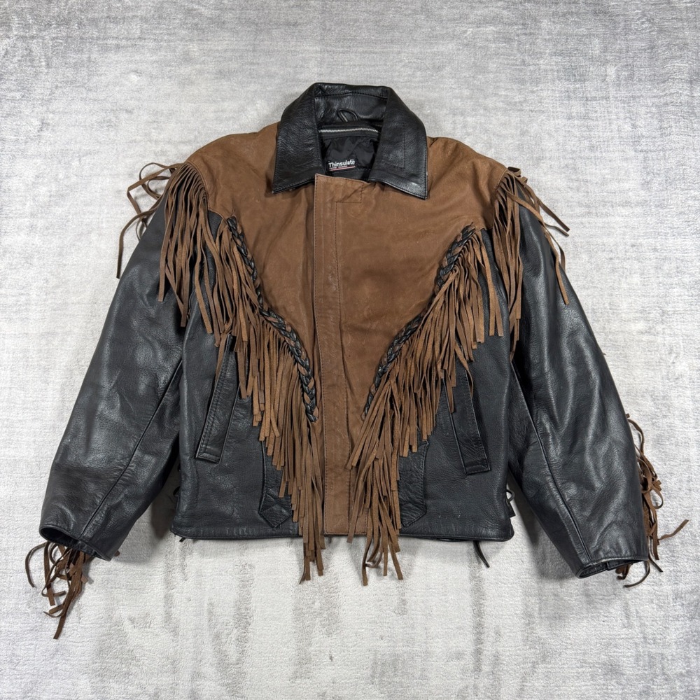 Wilsons Leather Jacket Mens Medium Black 2 toned Suede Fringe Western Biker